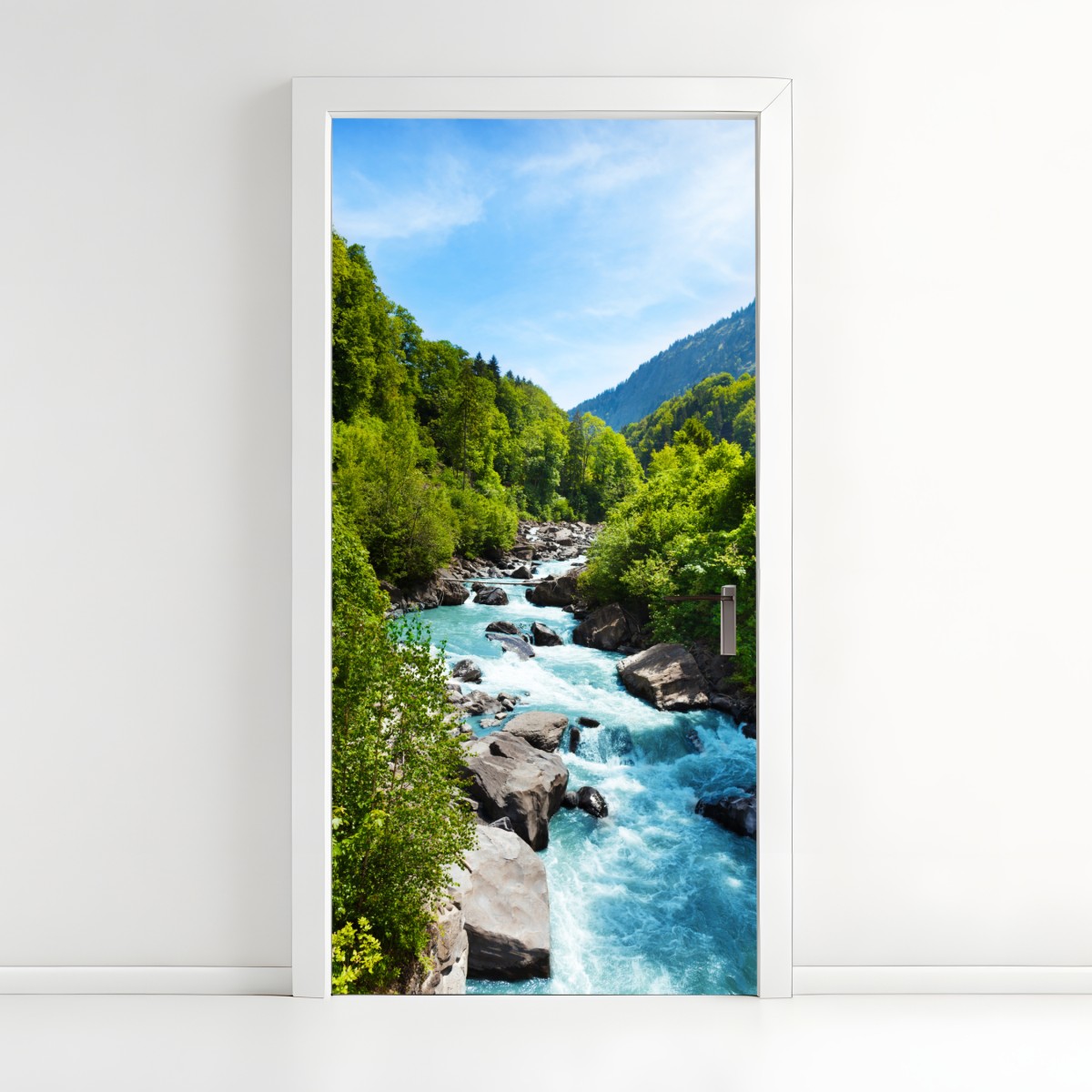Door sticker mountain river in lush green valley – Wallissimo®