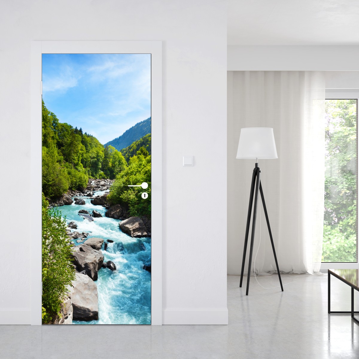 Naklejka na drzwi górska rzeka w bujnej zieleni – Wallissimo® Naklejka na drzwi górska rzeka w bujnej zieleni – Wallissimo®