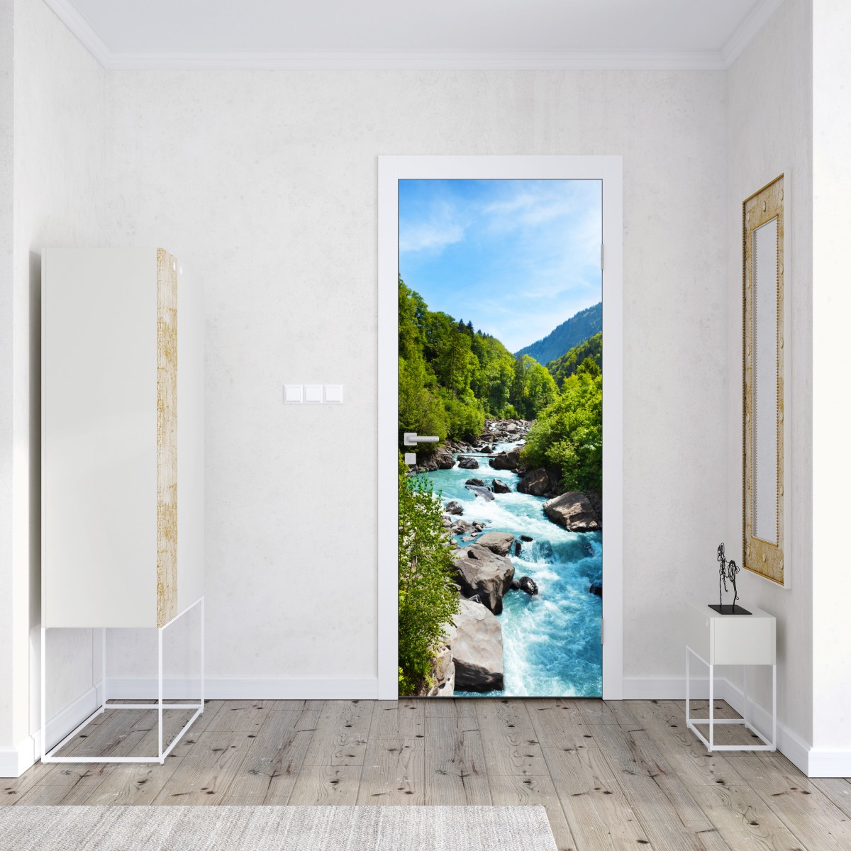 Naklejka na drzwi górska rzeka w bujnej zieleni – Wallissimo® Naklejka na drzwi górska rzeka w bujnej zieleni – Wallissimo®