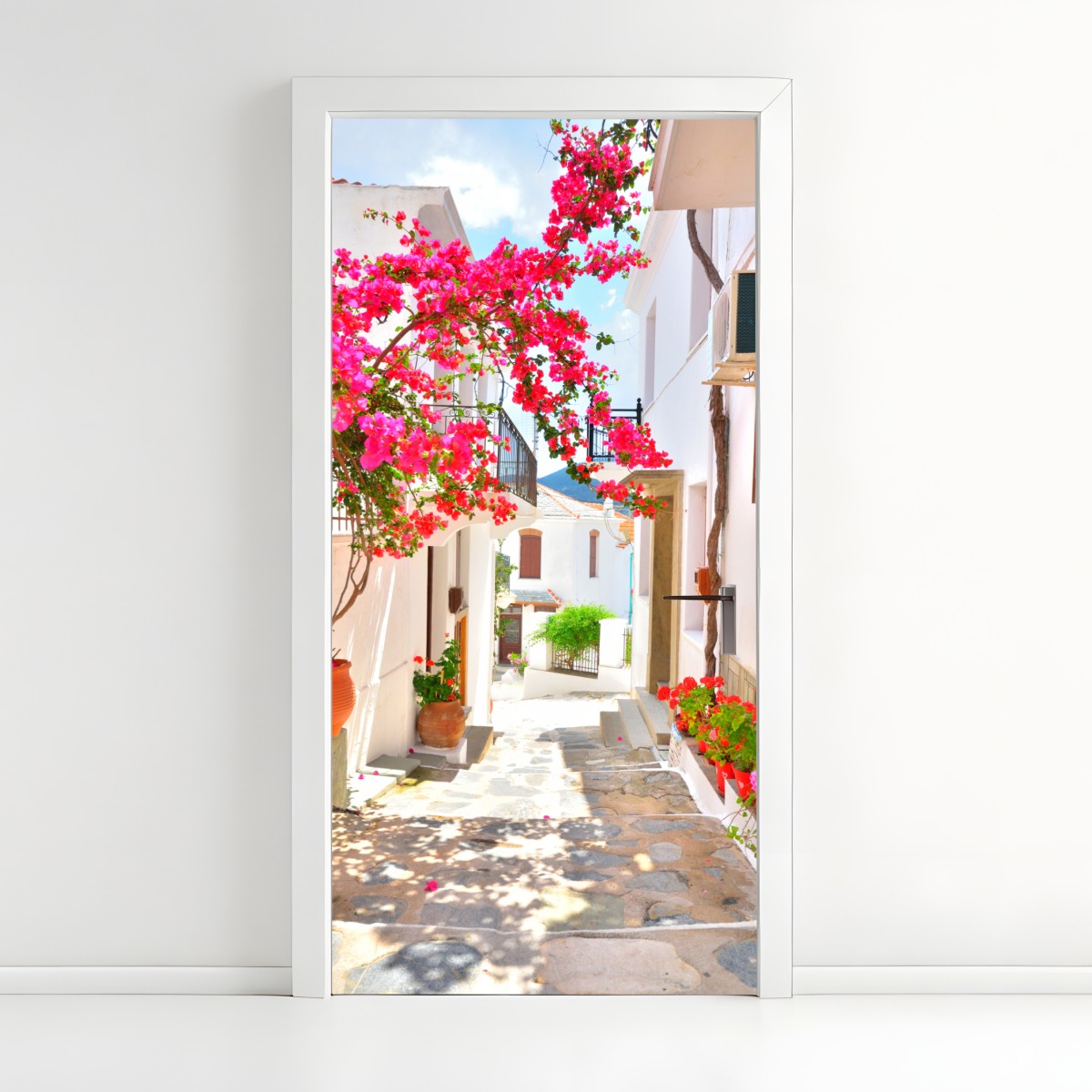 Door sticker sunlit mediterranean alley with bougainvillea – Wallissimo®