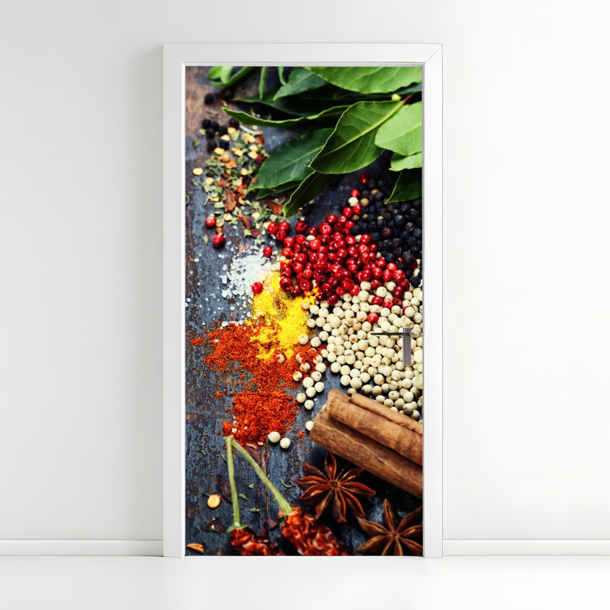Door sticker vibrant spice assortment on rustic wood – Wallissimo®