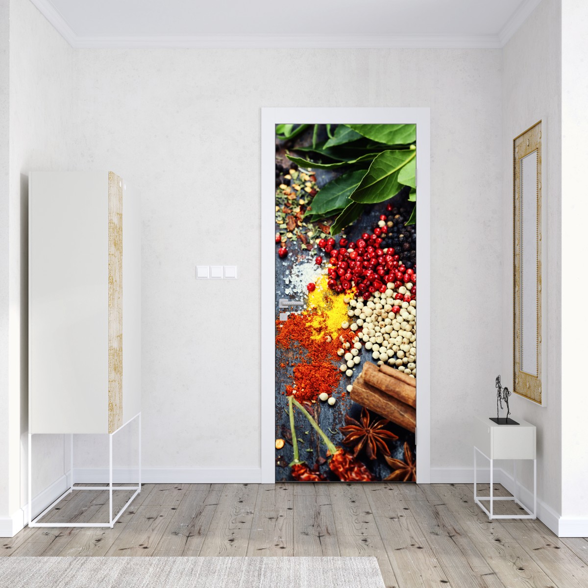 Naklejka na drzwi intensywny zestaw przypraw na rustykalnym drewnie – Wallissimo® Naklejka na drzwi intensywny zestaw przypraw na rustykalnym drewnie – Wallissimo®