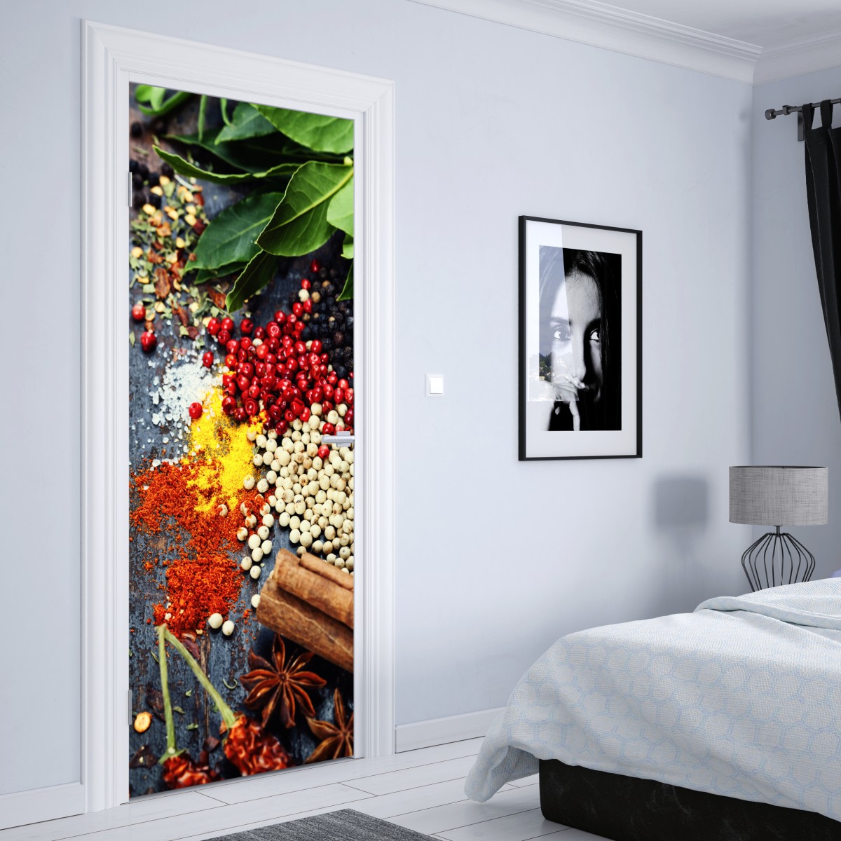 Naklejka na drzwi intensywny zestaw przypraw na rustykalnym drewnie – Wallissimo® Naklejka na drzwi intensywny zestaw przypraw na rustykalnym drewnie – Wallissimo®