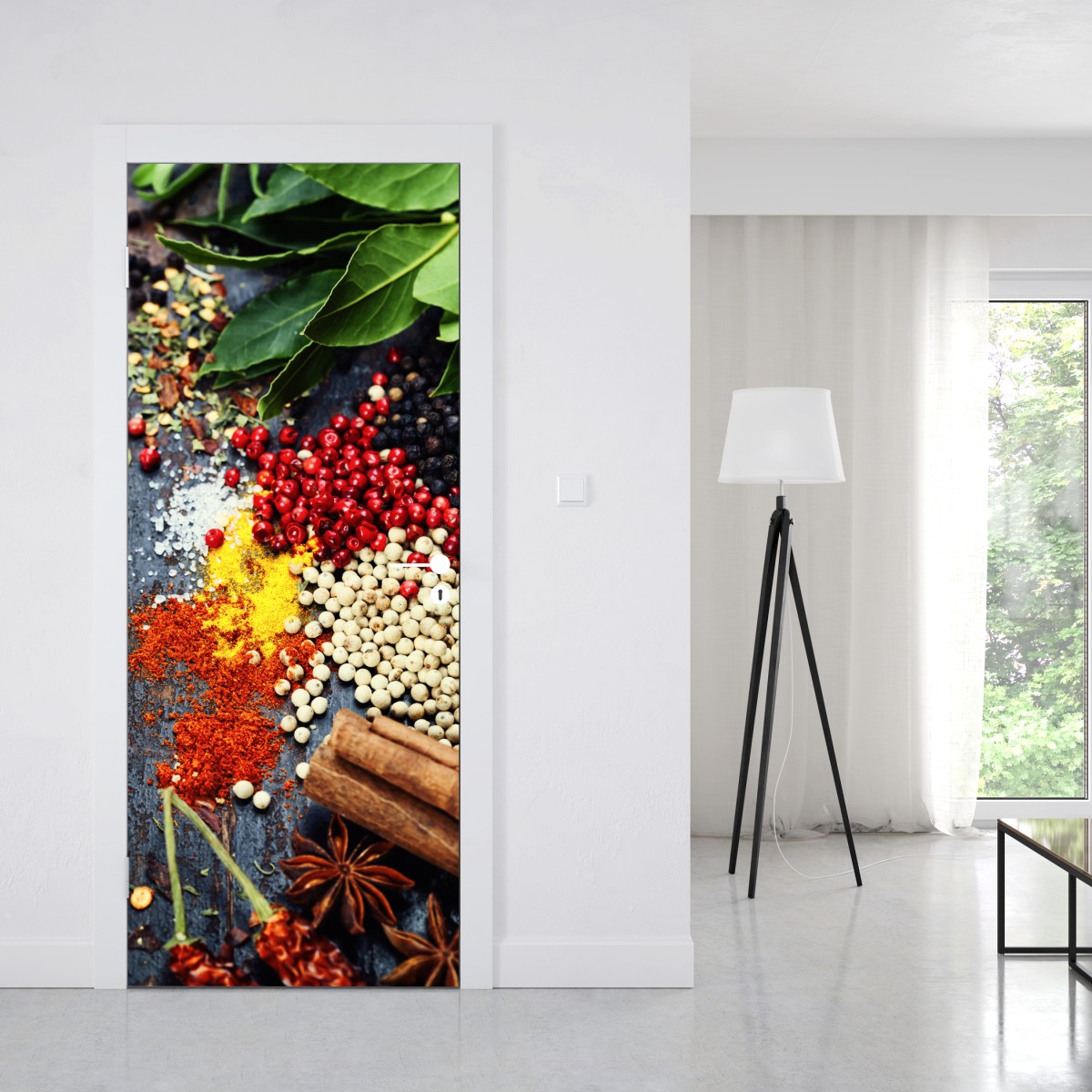 Naklejka na drzwi intensywny zestaw przypraw na rustykalnym drewnie – Wallissimo® Naklejka na drzwi intensywny zestaw przypraw na rustykalnym drewnie – Wallissimo®