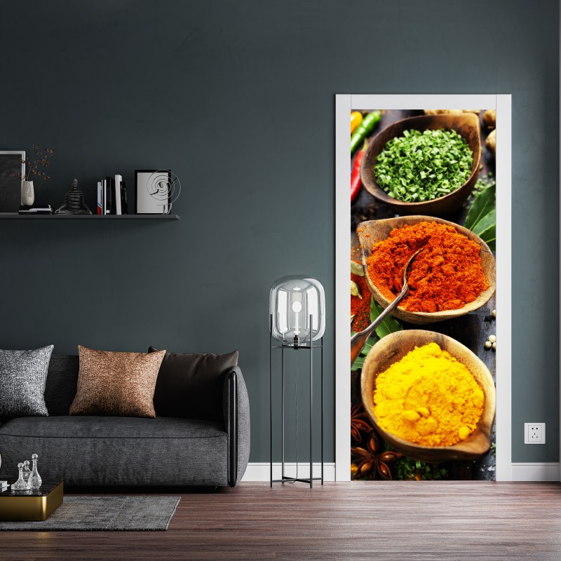 Naklejka na drzwi żywe przyprawy i zioła na drewnie – Wallissimo® Naklejka na drzwi żywe przyprawy i zioła na drewnie – Wallissimo®