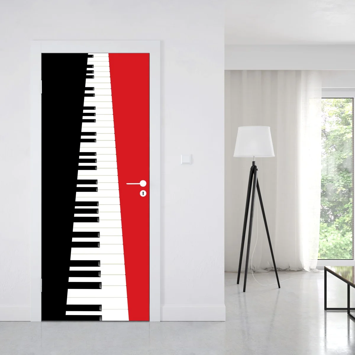 Naklejka na drzwi czarno-czerwona klawiatura fortepianu – Wallissimo® Naklejka na drzwi czarno-czerwona klawiatura fortepianu – Wallissimo®