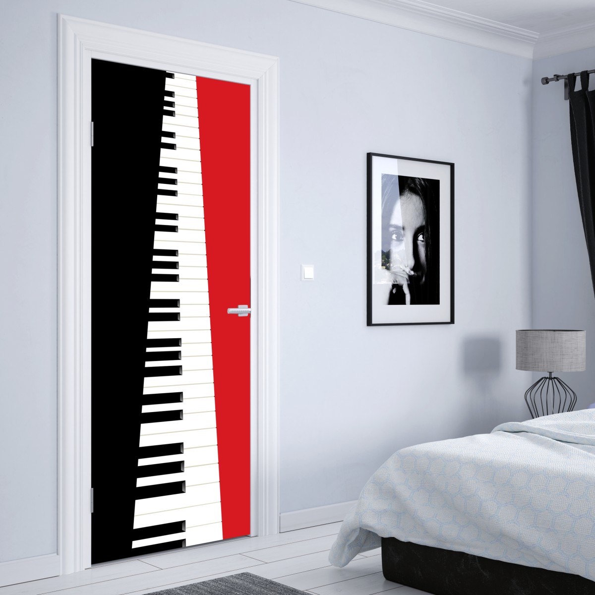Naklejka na drzwi czarno-czerwona klawiatura fortepianu – Wallissimo® Naklejka na drzwi czarno-czerwona klawiatura fortepianu – Wallissimo®