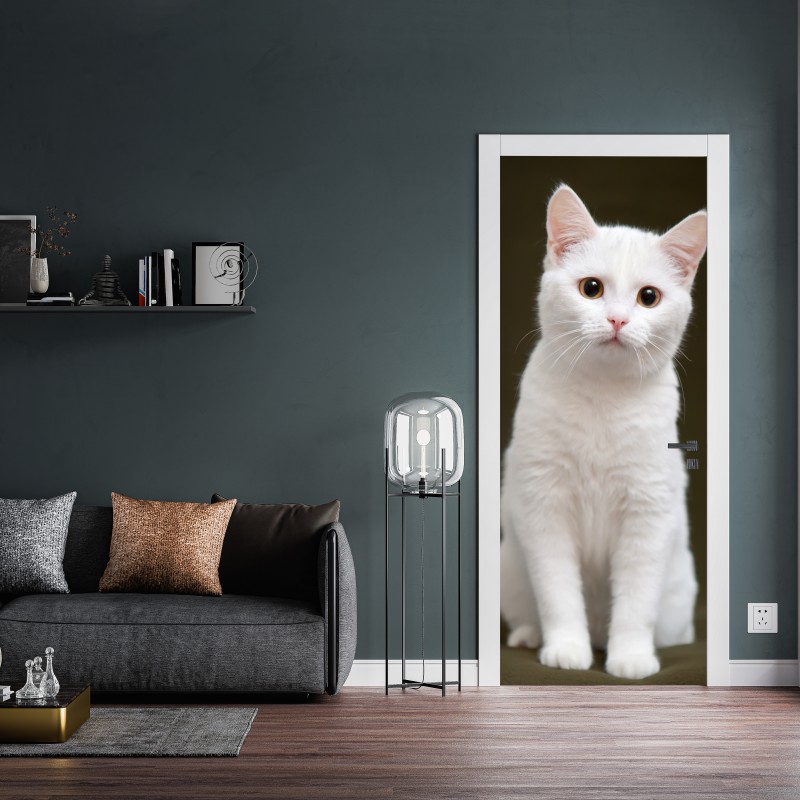 Naklejka na drzwi uroczy portret białego kota – Wallissimo® Naklejka na drzwi uroczy portret białego kota – Wallissimo®