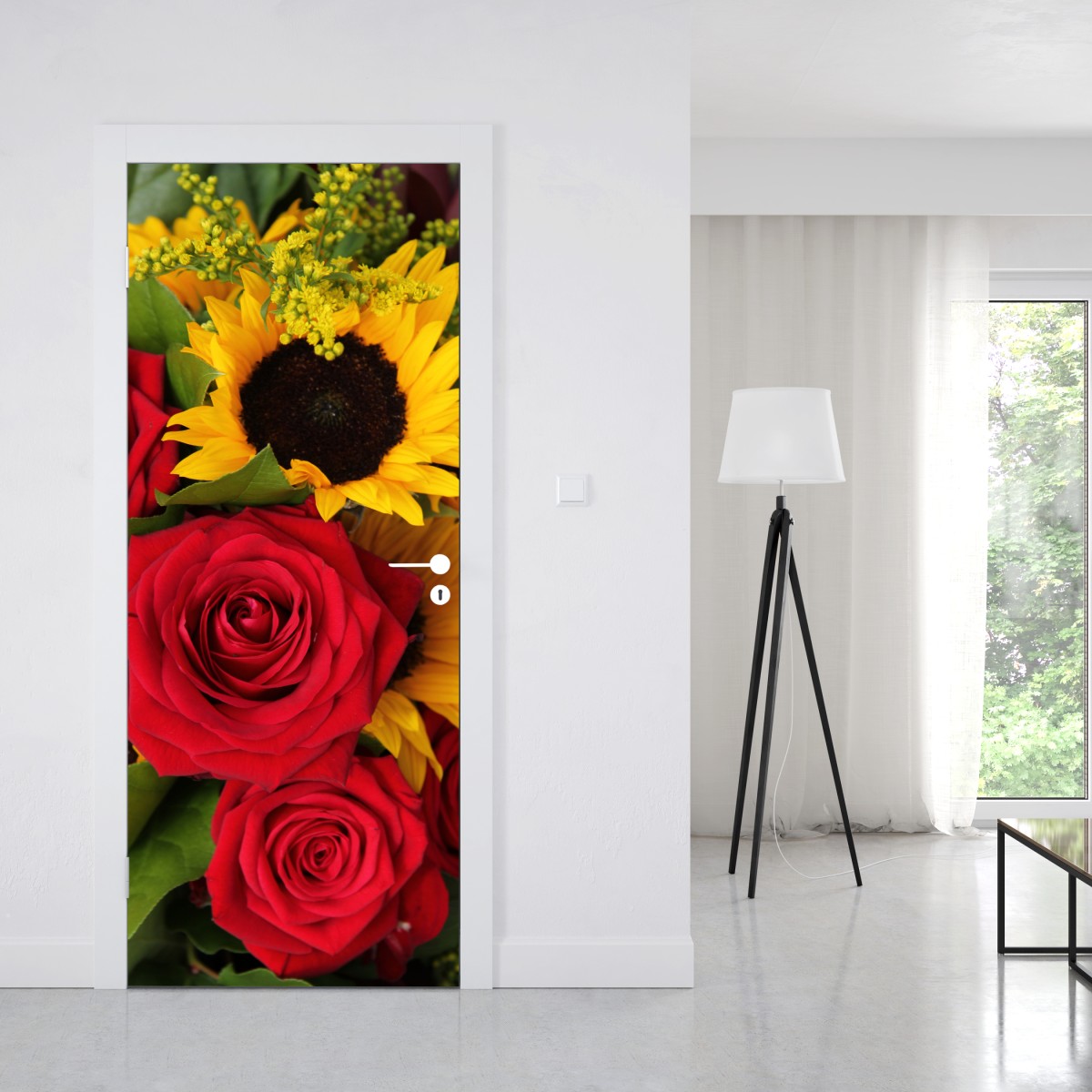 Naklejka na drzwi czerwone róże i słoneczniki w bukiecie – Wallissimo® Naklejka na drzwi czerwone róże i słoneczniki w bukiecie – Wallissimo®