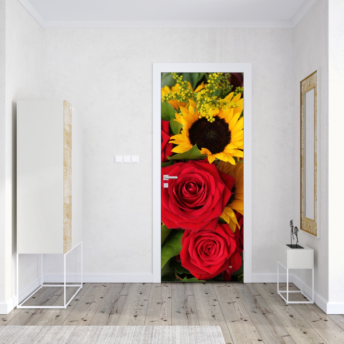 Naklejka na drzwi czerwone róże i słoneczniki w bukiecie – Wallissimo® Naklejka na drzwi czerwone róże i słoneczniki w bukiecie – Wallissimo®