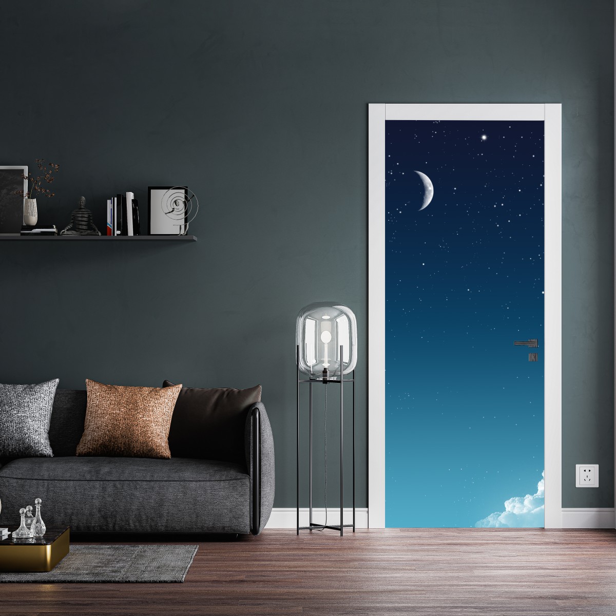 Naklejka na drzwi spokojne nocne niebo z księżycem – Wallissimo® Naklejka na drzwi spokojne nocne niebo z księżycem – Wallissimo®