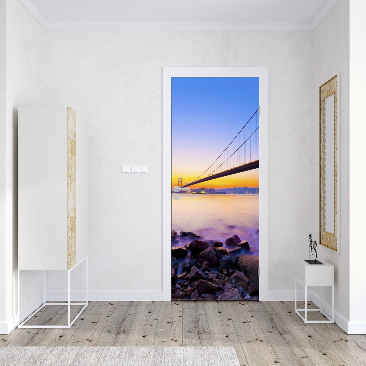 Naklejka na drzwi złoty zachód słońca nad mostem wiszącym – Wallissimo® Naklejka na drzwi złoty zachód słońca nad mostem wiszącym – Wallissimo®
