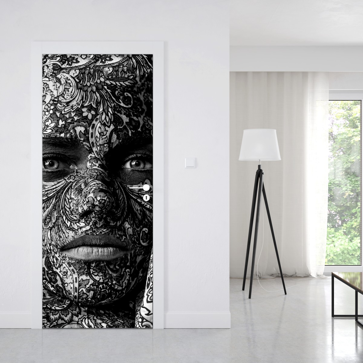 Naklejka na drzwi ornamentalny portret z kwiatowymi wzorami – Wallissimo® Naklejka na drzwi ornamentalny portret z kwiatowymi wzorami – Wallissimo®