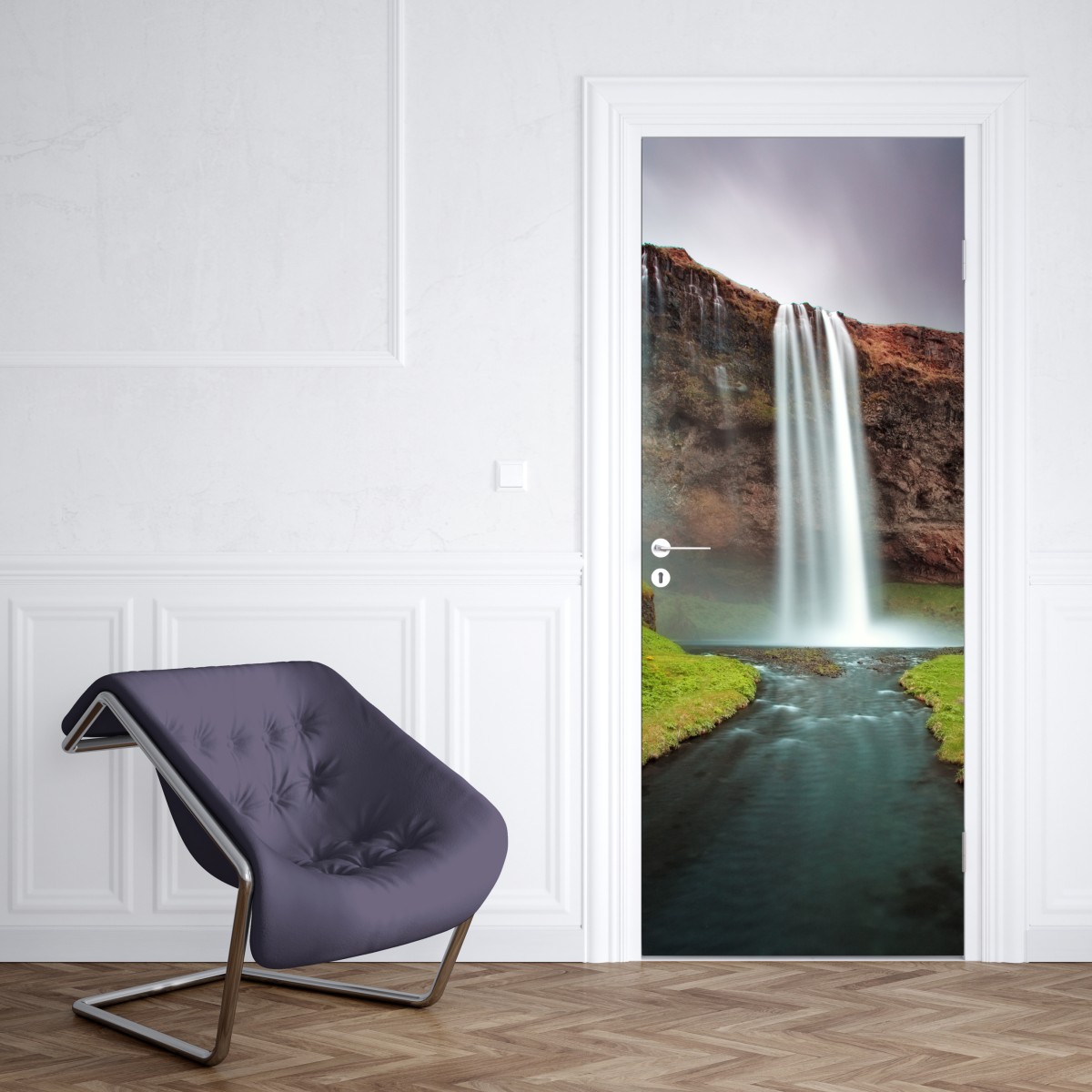 Naklejka na drzwi mglisty wodospad w bujnej dolinie – Wallissimo® Naklejka na drzwi mglisty wodospad w bujnej dolinie – Wallissimo®