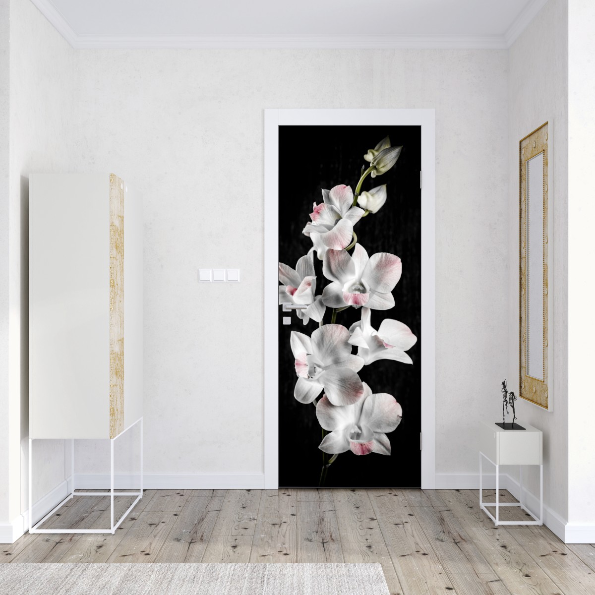 Naklejka na drzwi biały i różowy storczyk na czarnym tle – Wallissimo® Naklejka na drzwi biały i różowy storczyk na czarnym tle – Wallissimo®