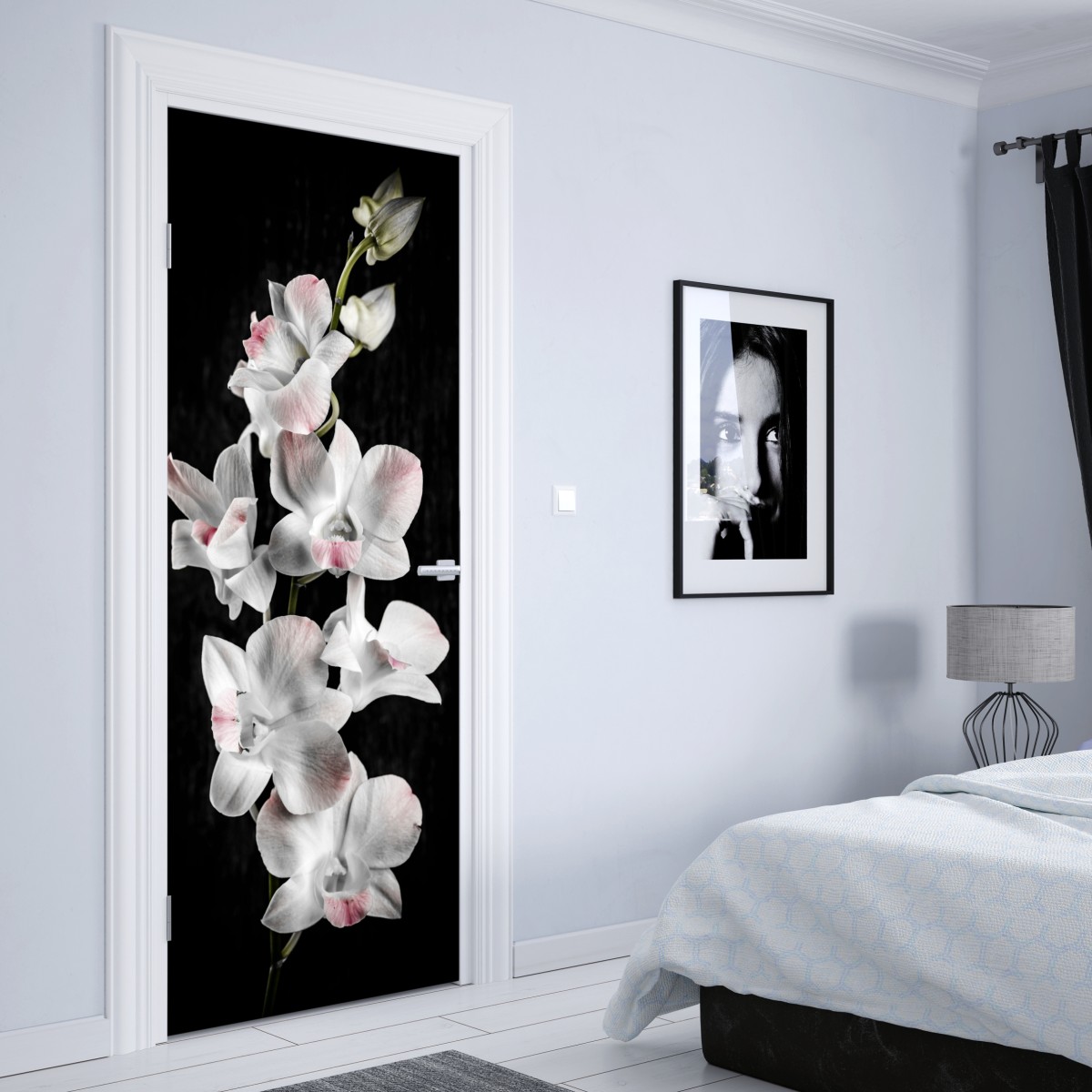 Naklejka na drzwi biały i różowy storczyk na czarnym tle – Wallissimo® Naklejka na drzwi biały i różowy storczyk na czarnym tle – Wallissimo®
