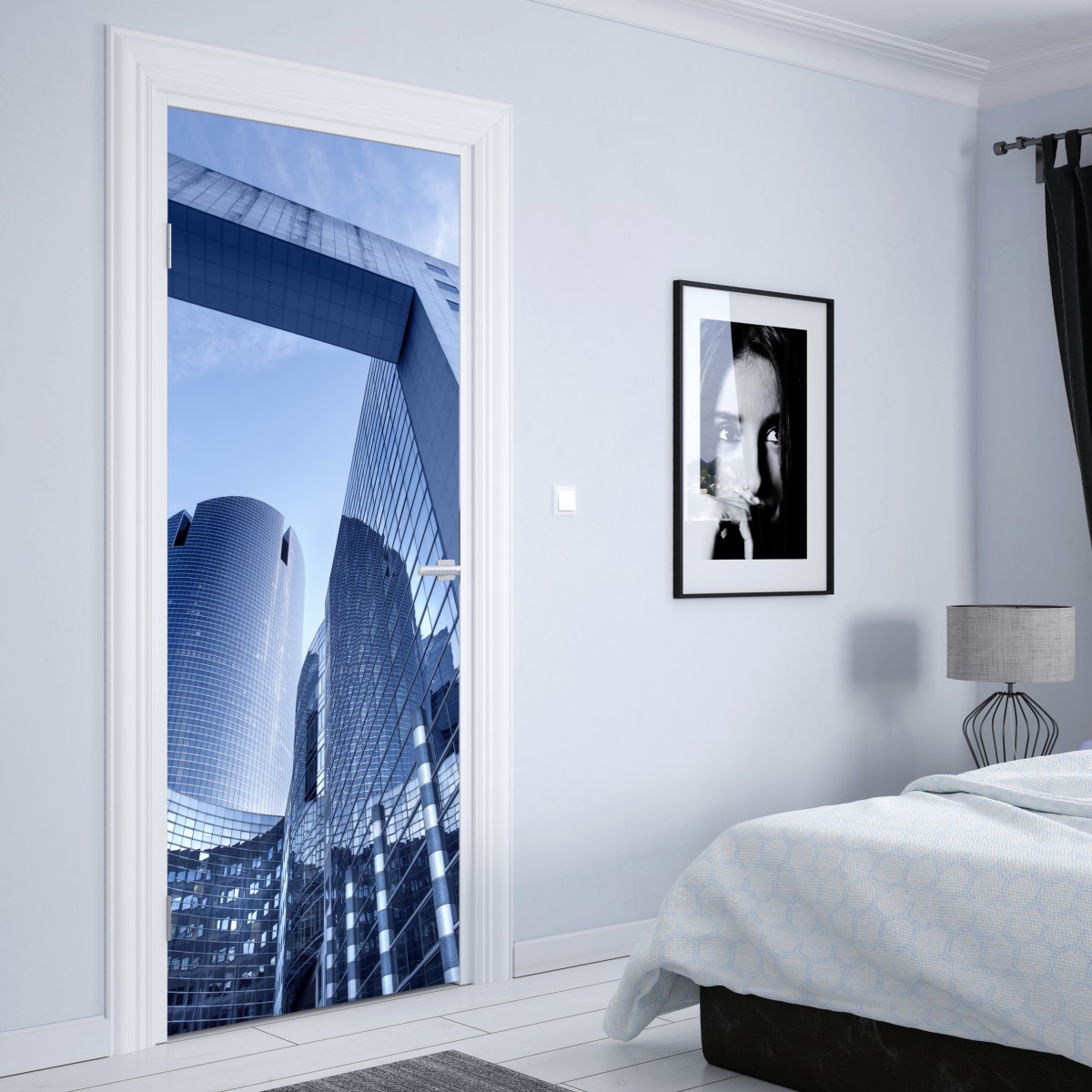 Naklejka na drzwi nowoczesna niebieska panorama miejska – Wallissimo® Naklejka na drzwi nowoczesna niebieska panorama miejska – Wallissimo®