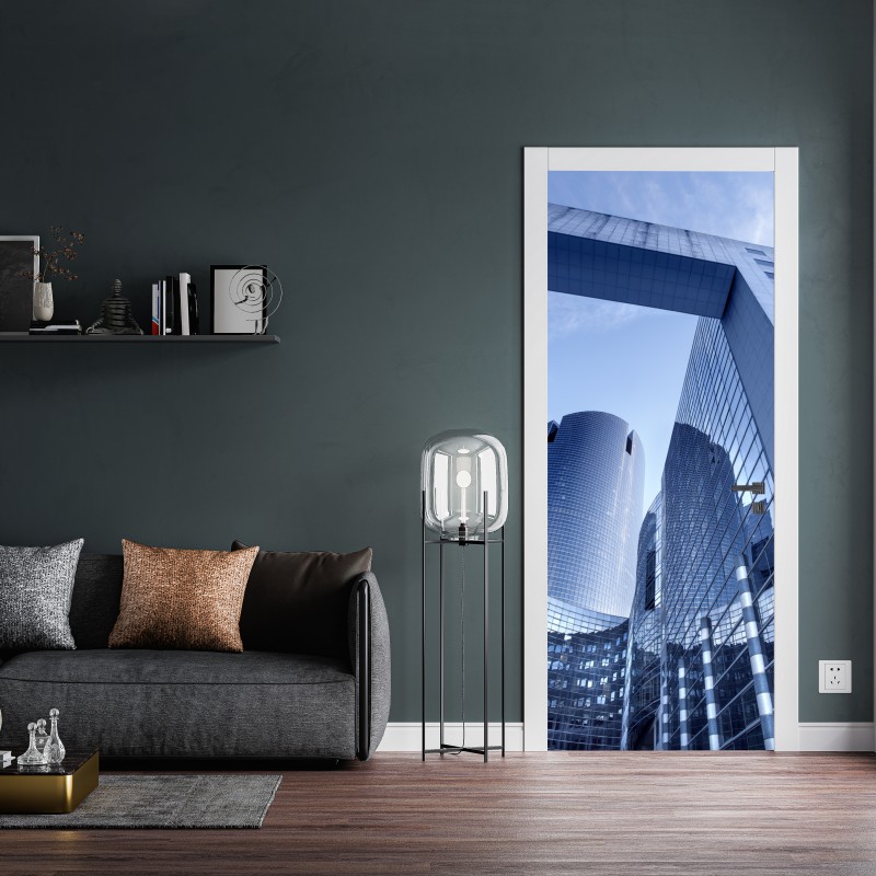 Naklejka na drzwi nowoczesna niebieska panorama miejska – Wallissimo® Naklejka na drzwi nowoczesna niebieska panorama miejska – Wallissimo®