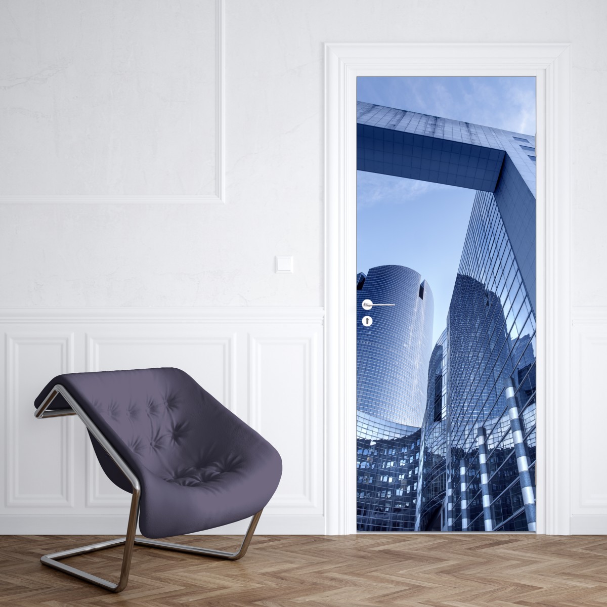 Naklejka na drzwi nowoczesna niebieska panorama miejska – Wallissimo® Naklejka na drzwi nowoczesna niebieska panorama miejska – Wallissimo®