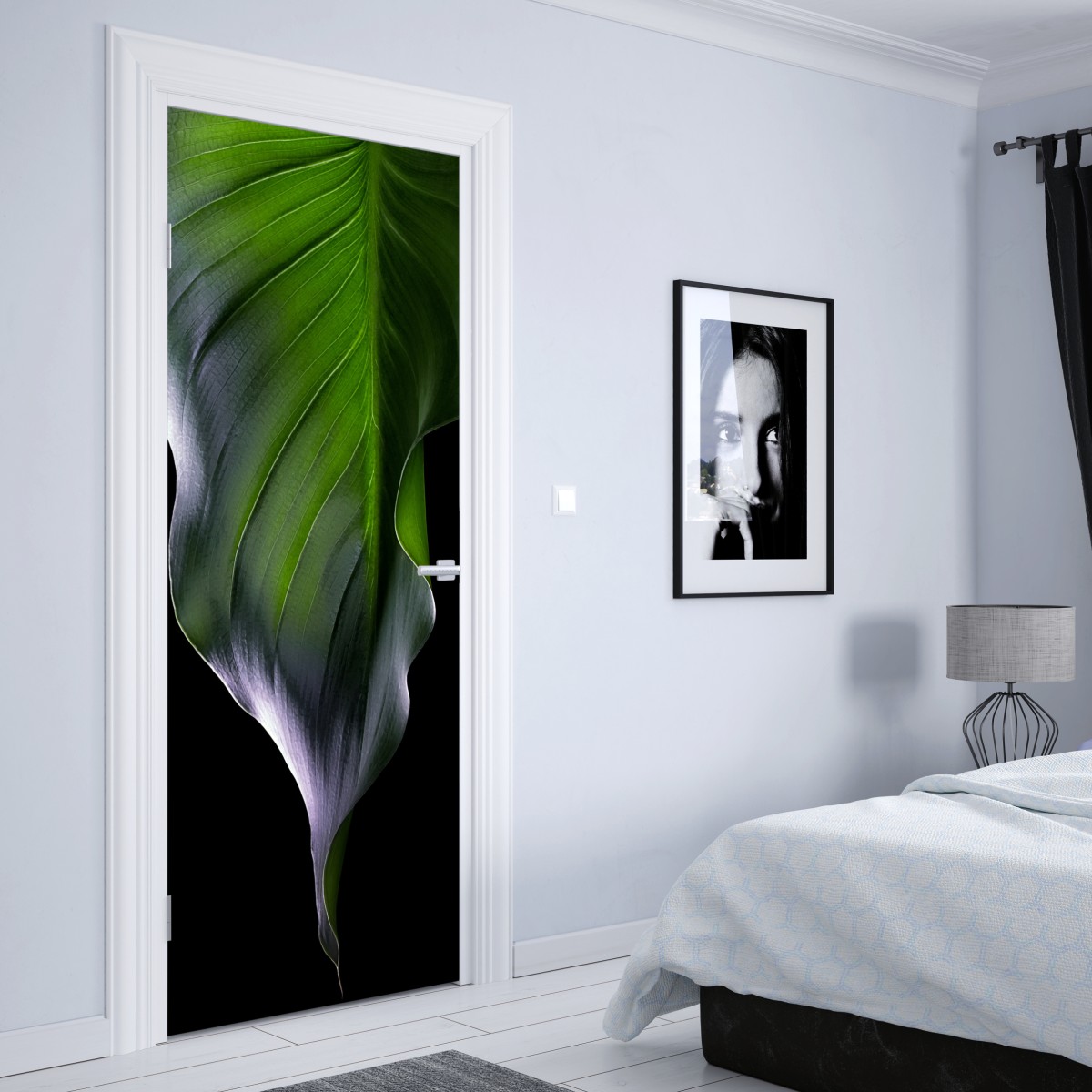 Naklejka na drzwi elegancki zielony liść na czarnym tle – Wallissimo® Naklejka na drzwi elegancki zielony liść na czarnym tle – Wallissimo®