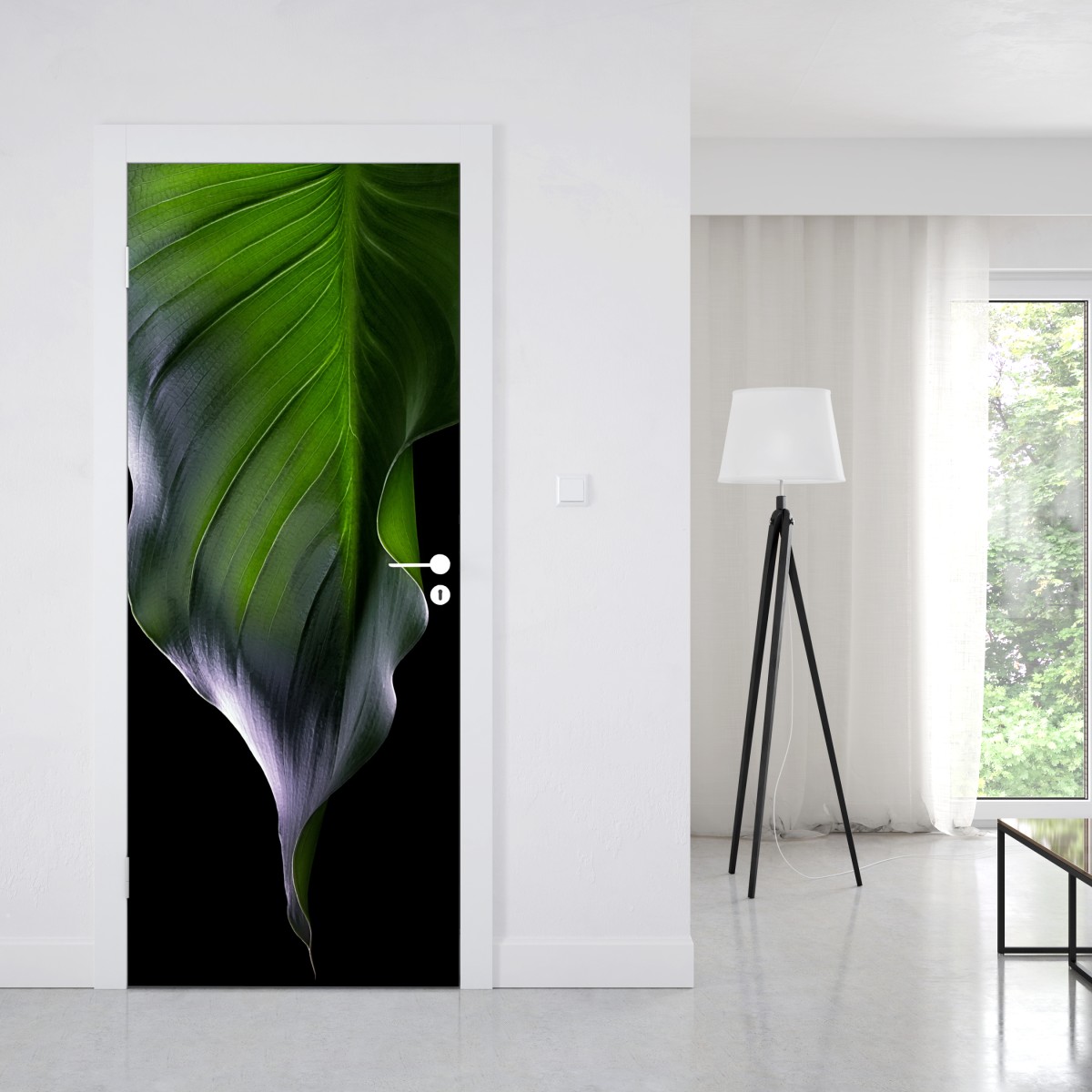 Naklejka na drzwi elegancki zielony liść na czarnym tle – Wallissimo® Naklejka na drzwi elegancki zielony liść na czarnym tle – Wallissimo®