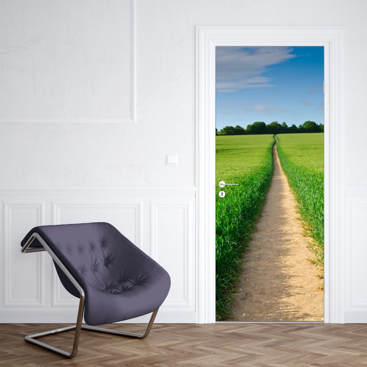 Naklejka na drzwi słoneczna ścieżka przez zieloną łąkę – Wallissimo® Naklejka na drzwi słoneczna ścieżka przez zieloną łąkę – Wallissimo®