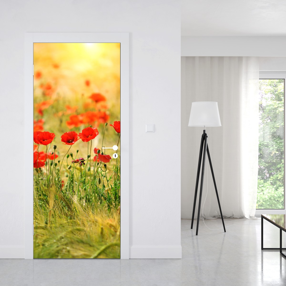Naklejka na drzwi łąka czerwonych maków w słońcu – Wallissimo® Naklejka na drzwi łąka czerwonych maków w słońcu – Wallissimo®