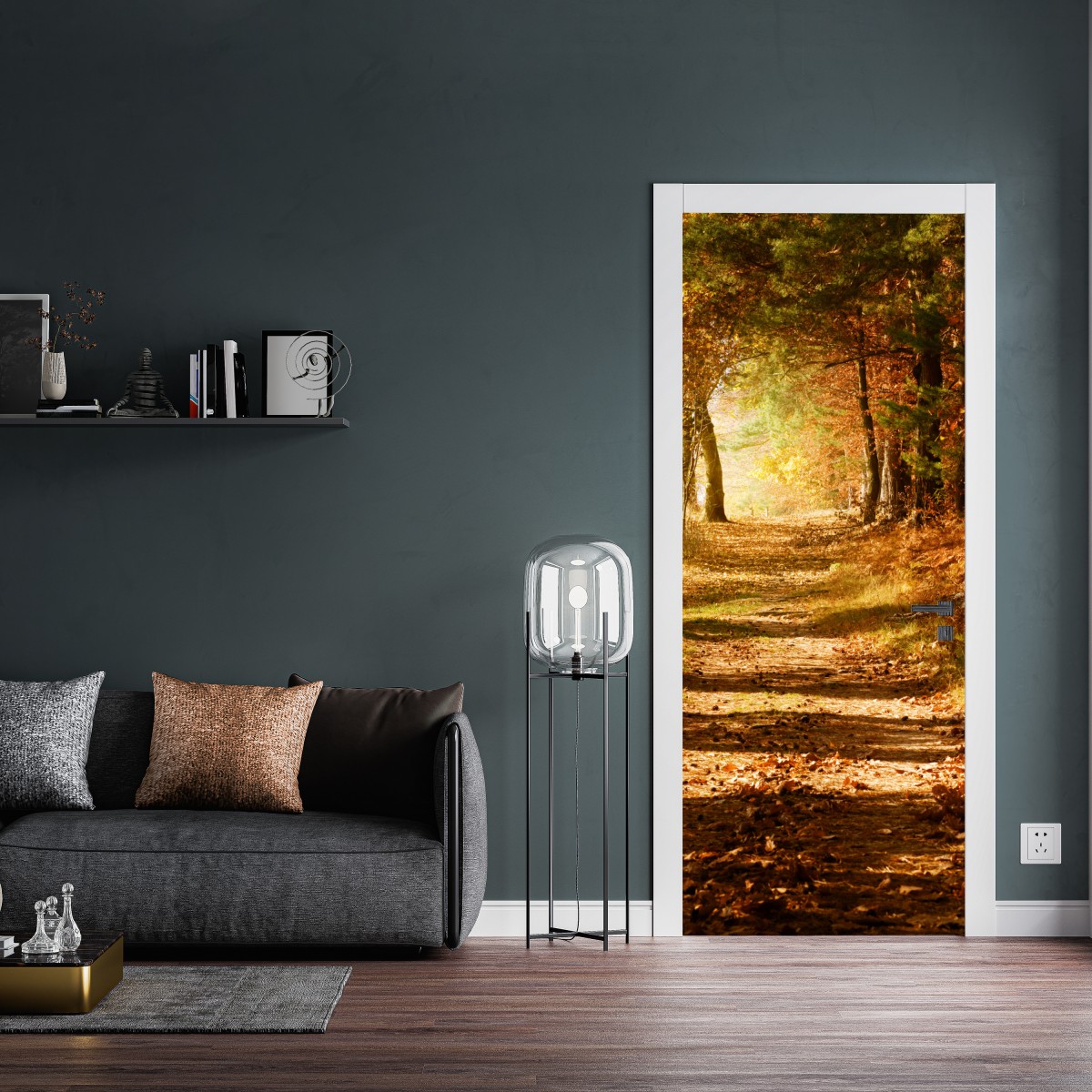 Naklejka na drzwi jesienna leśna ścieżka ze złotym światłem – Wallissimo® Naklejka na drzwi jesienna leśna ścieżka ze złotym światłem – Wallissimo®