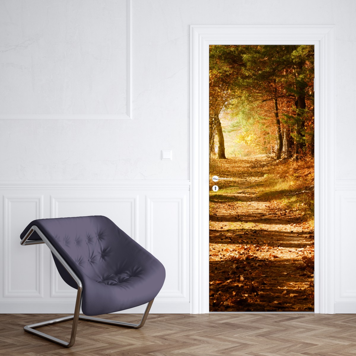Naklejka na drzwi jesienna leśna ścieżka ze złotym światłem – Wallissimo® Naklejka na drzwi jesienna leśna ścieżka ze złotym światłem – Wallissimo®