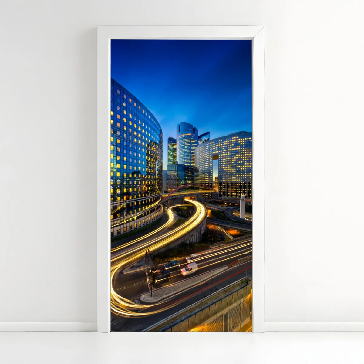 Naklejka na drzwi nowoczesna panorama miasta o zmierzchu – Wallissimo® Naklejka na drzwi nowoczesna panorama miasta o zmierzchu – Wallissimo®