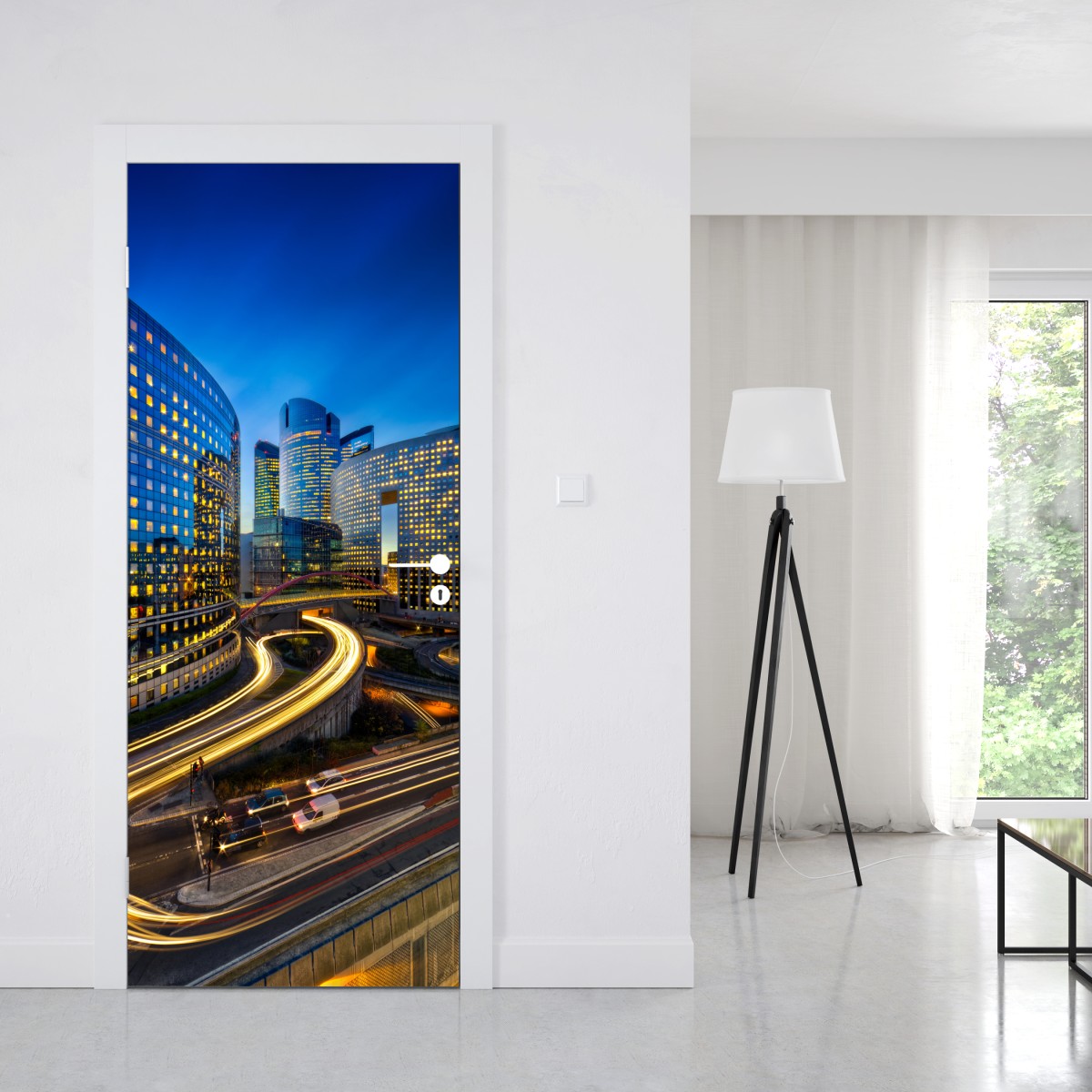 Naklejka na drzwi nowoczesna panorama miasta o zmierzchu – Wallissimo® Naklejka na drzwi nowoczesna panorama miasta o zmierzchu – Wallissimo®