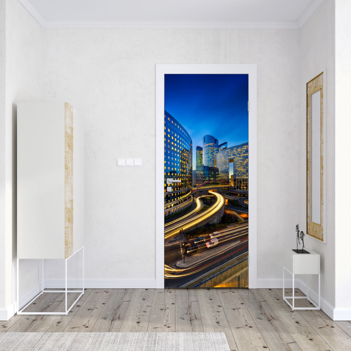 Naklejka na drzwi nowoczesna panorama miasta o zmierzchu – Wallissimo® Naklejka na drzwi nowoczesna panorama miasta o zmierzchu – Wallissimo®