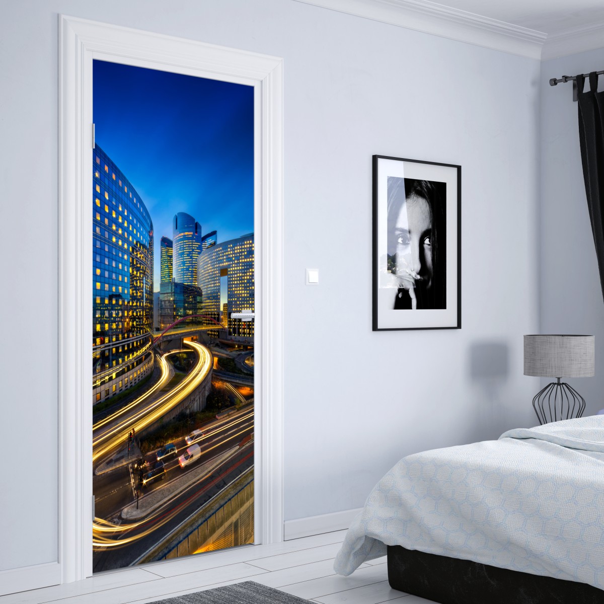 Naklejka na drzwi nowoczesna panorama miasta o zmierzchu – Wallissimo® Naklejka na drzwi nowoczesna panorama miasta o zmierzchu – Wallissimo®