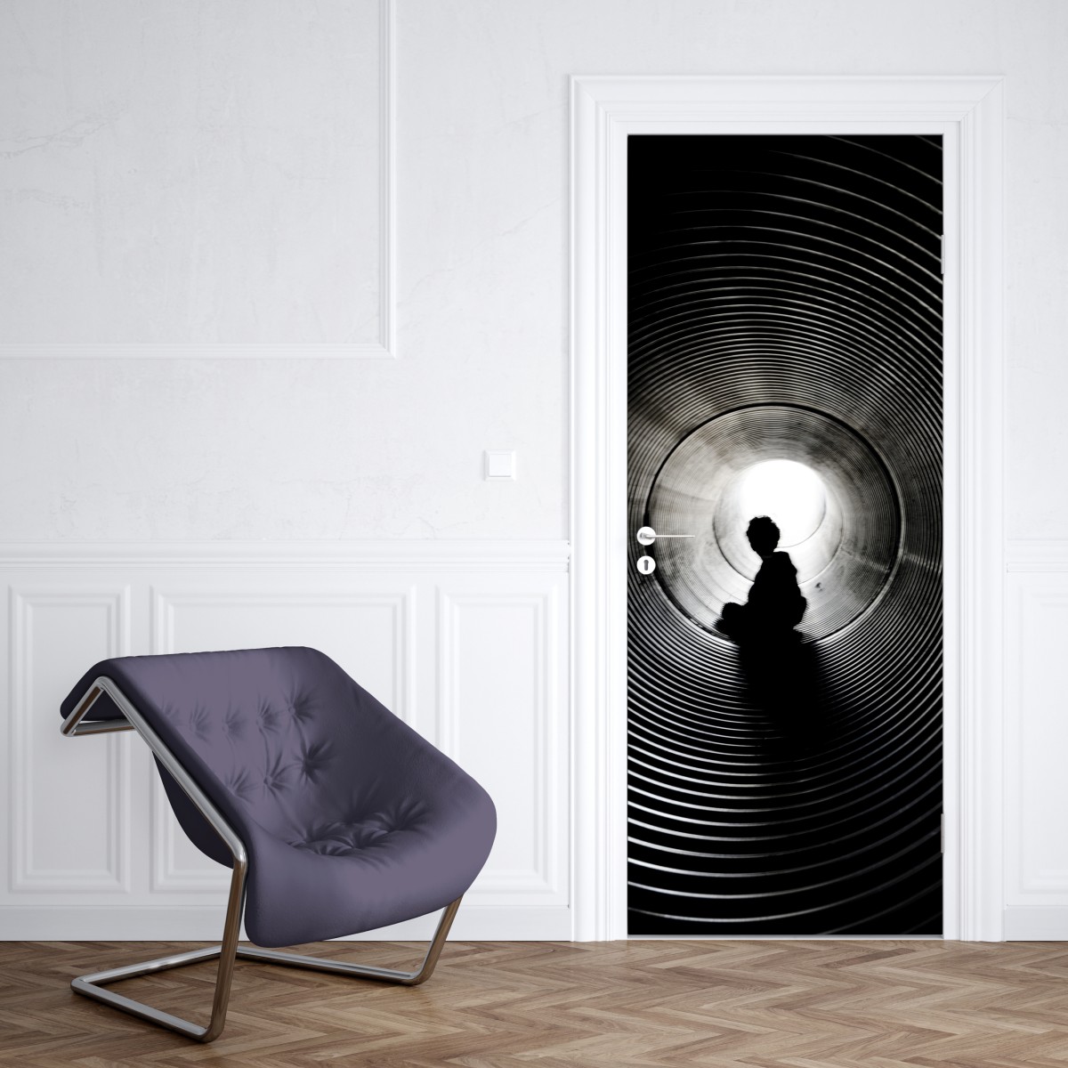 Naklejka na drzwi sylwetka w spiralnym tunelu – Wallissimo® Naklejka na drzwi sylwetka w spiralnym tunelu – Wallissimo®
