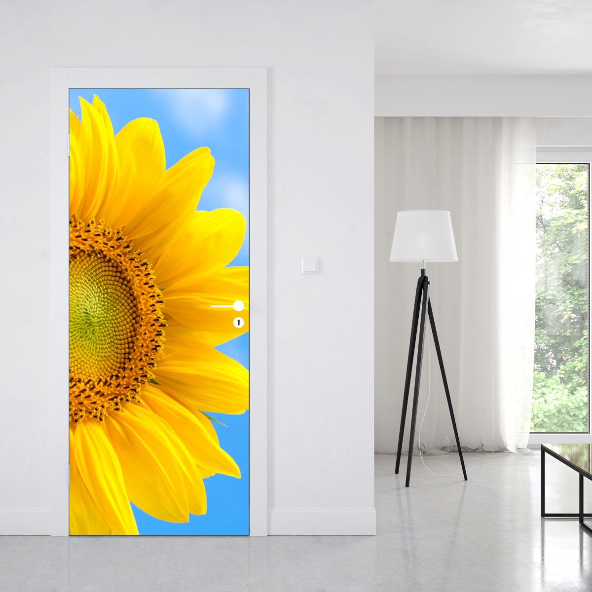 Naklejka na drzwi jasny słonecznik na tle nieba – Wallissimo® Naklejka na drzwi jasny słonecznik na tle nieba – Wallissimo®