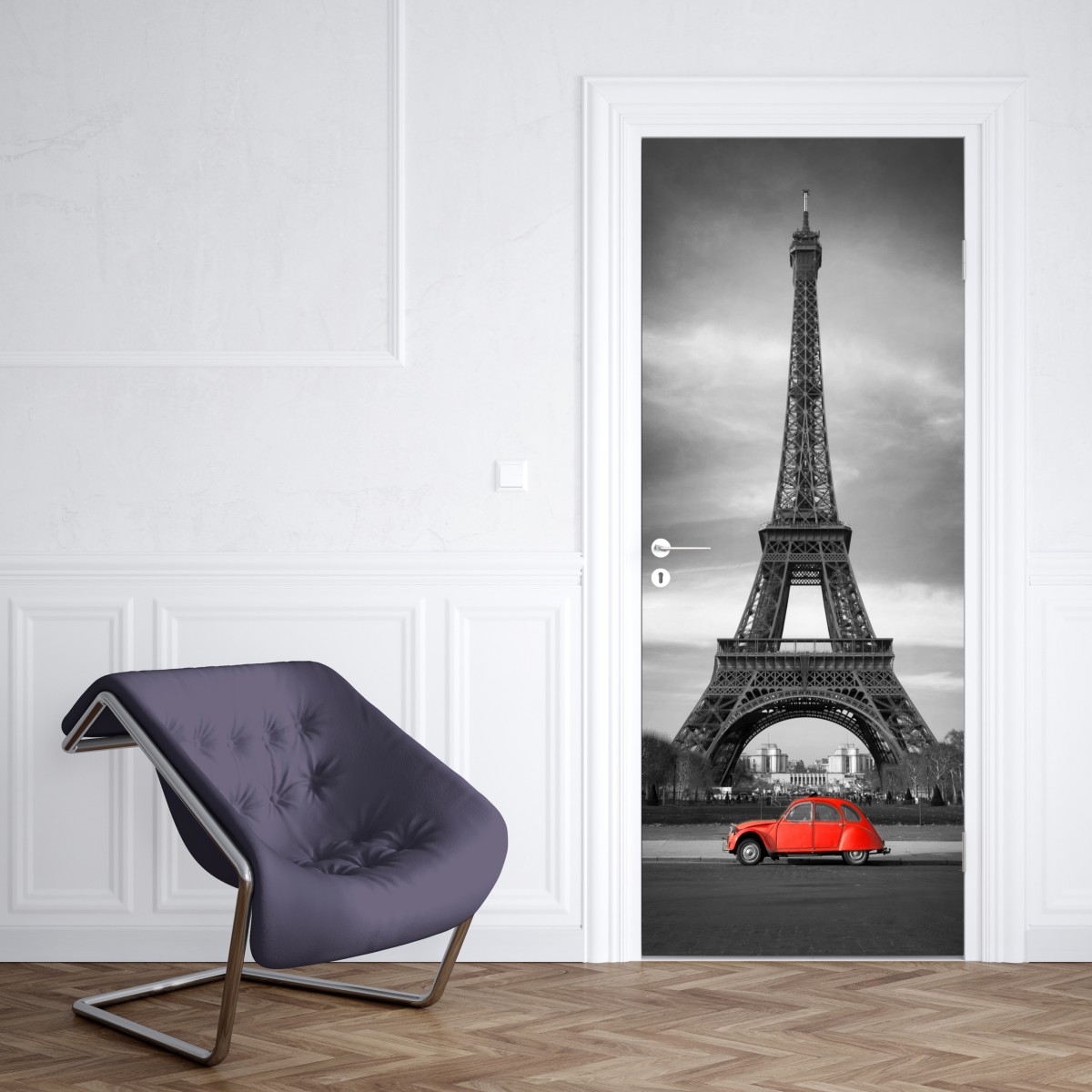 Naklejka na drzwi Wieża Eiffla z czerwonym zabytkowym samochodem – Wallissimo® Naklejka na drzwi Wieża Eiffla z czerwonym zabytkowym samochodem – Wallissimo®