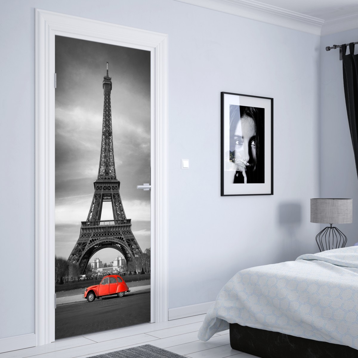 Naklejka na drzwi Wieża Eiffla z czerwonym zabytkowym samochodem – Wallissimo® Naklejka na drzwi Wieża Eiffla z czerwonym zabytkowym samochodem – Wallissimo®