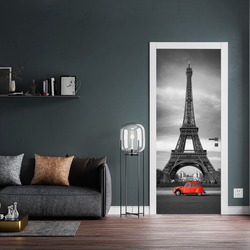 Naklejka na drzwi Wieża Eiffla z czerwonym zabytkowym samochodem – Wallissimo® Naklejka na drzwi Wieża Eiffla z czerwonym zabytkowym samochodem – Wallissimo®