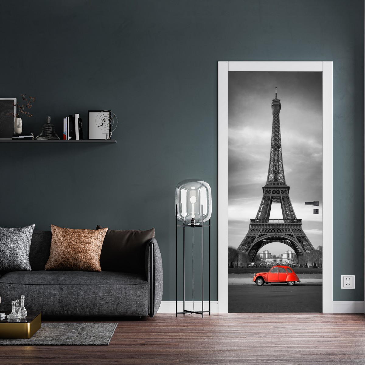 Naklejka na drzwi Wieża Eiffla z czerwonym zabytkowym samochodem – Wallissimo® Naklejka na drzwi Wieża Eiffla z czerwonym zabytkowym samochodem – Wallissimo®