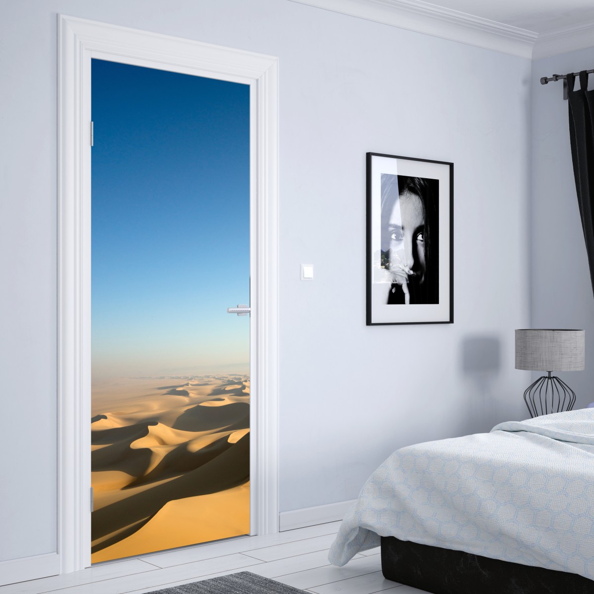 Naklejka na drzwi niekończące się wydmy pustyni pod błękitnym niebem – Wallissimo® Naklejka na drzwi niekończące się wydmy pustyni pod błękitnym niebem – Wallissimo®