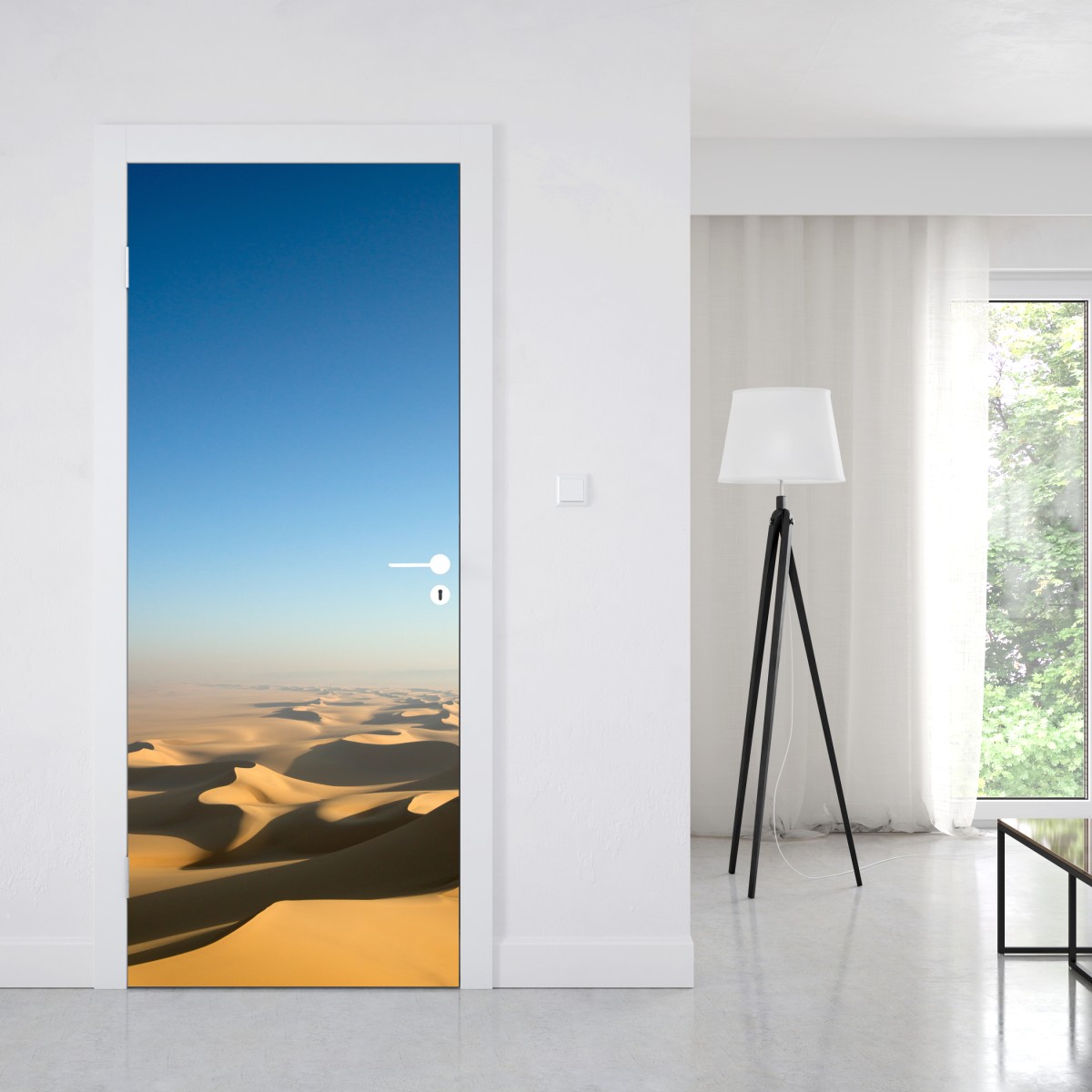 Naklejka na drzwi niekończące się wydmy pustyni pod błękitnym niebem – Wallissimo® Naklejka na drzwi niekończące się wydmy pustyni pod błękitnym niebem – Wallissimo®