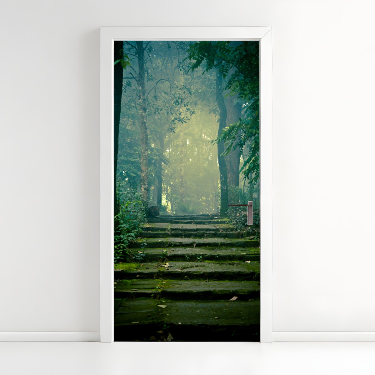 Door sticker moss-covered stone path into a misty forest – Wallissimo®
