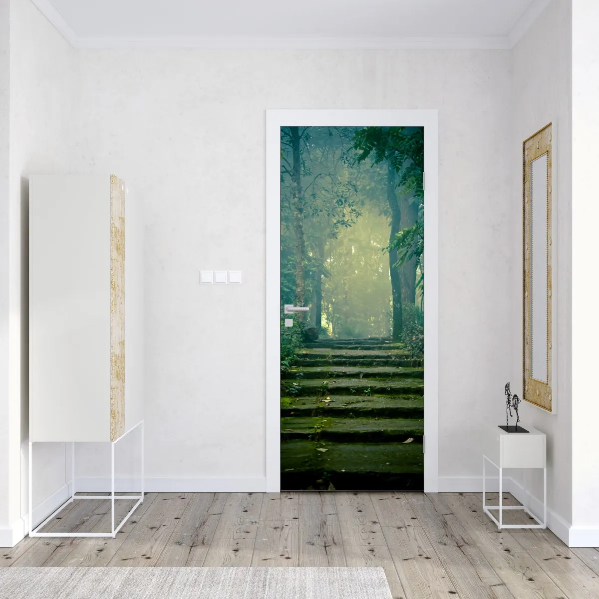 Naklejka na drzwi mchowe kamienne schody do mglistego lasu – Wallissimo® Naklejka na drzwi mchowe kamienne schody do mglistego lasu – Wallissimo®