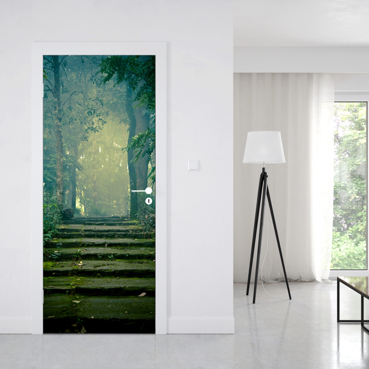 Naklejka na drzwi mchowe kamienne schody do mglistego lasu – Wallissimo® Naklejka na drzwi mchowe kamienne schody do mglistego lasu – Wallissimo®
