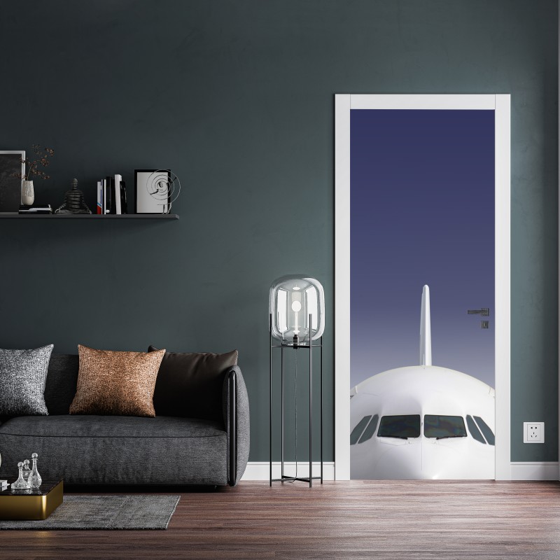 Naklejka na drzwi przód samolotu na tle błękitnego nieba – Wallissimo® Naklejka na drzwi przód samolotu na tle błękitnego nieba – Wallissimo®