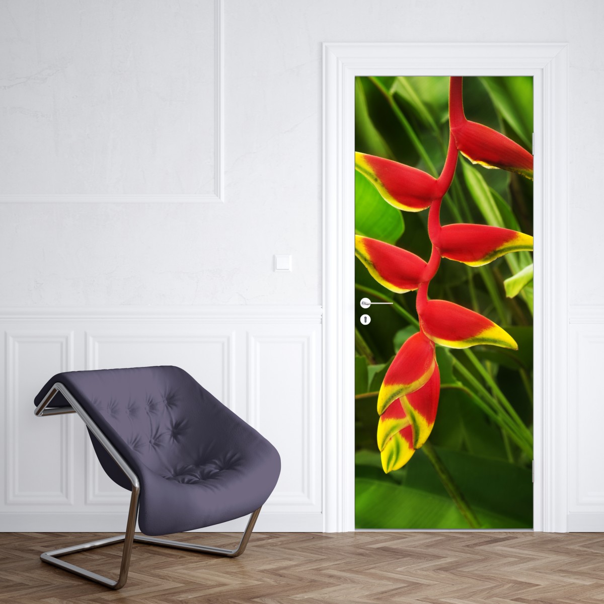 Naklejka na drzwi wibrująca heliconia w tropikalnym listowiu – Wallissimo® Naklejka na drzwi wibrująca heliconia w tropikalnym listowiu – Wallissimo®