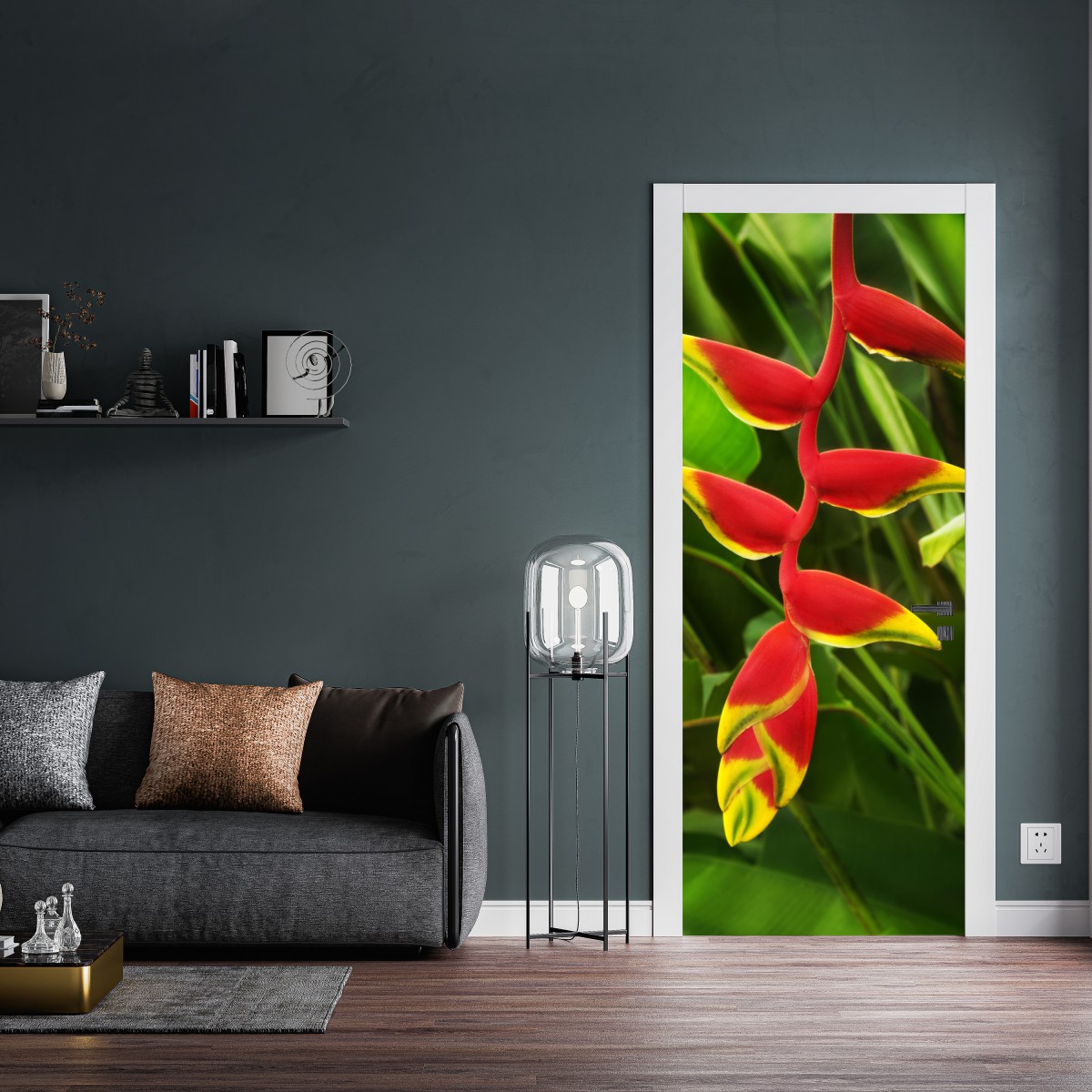 Naklejka na drzwi wibrująca heliconia w tropikalnym listowiu – Wallissimo® Naklejka na drzwi wibrująca heliconia w tropikalnym listowiu – Wallissimo®