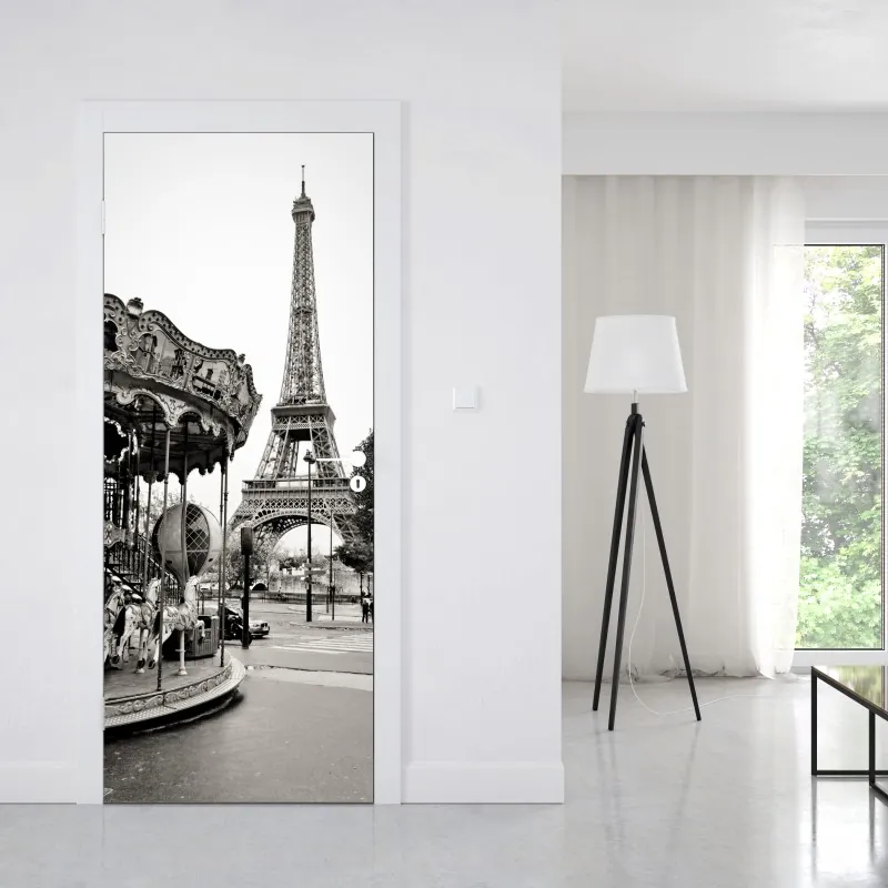 Naklejka na drzwi wieża Eiffla i karuzela w Paryżu – Wallissimo® Naklejka na drzwi wieża Eiffla i karuzela w Paryżu – Wallissimo®