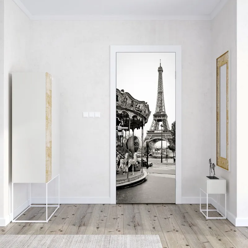 Naklejka na drzwi wieża Eiffla i karuzela w Paryżu – Wallissimo® Naklejka na drzwi wieża Eiffla i karuzela w Paryżu – Wallissimo®