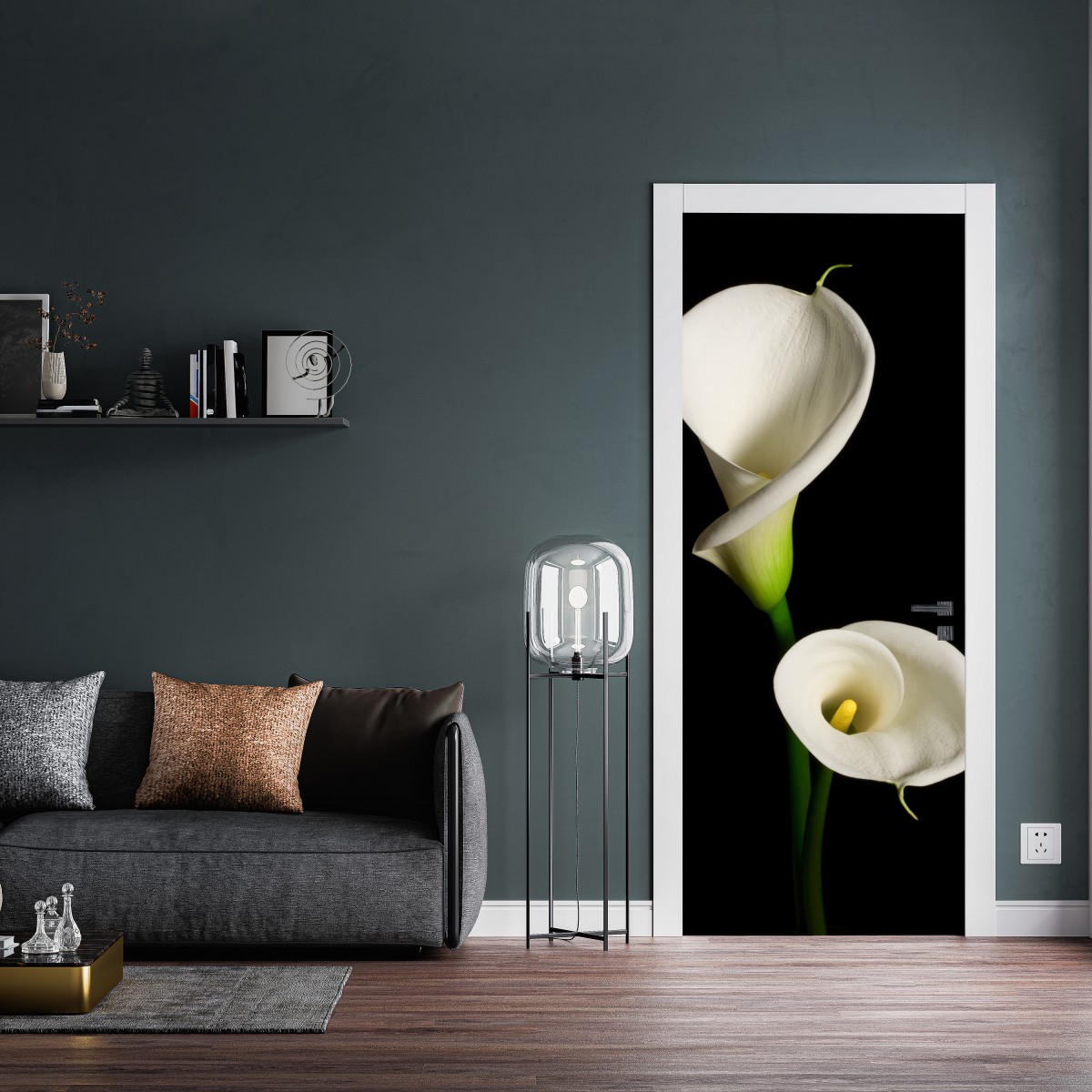 Naklejka na drzwi białe kalie na czarnym tle – Wallissimo® Naklejka na drzwi białe kalie na czarnym tle – Wallissimo®